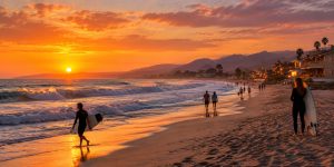 carpinteria beach sunset with people on beach